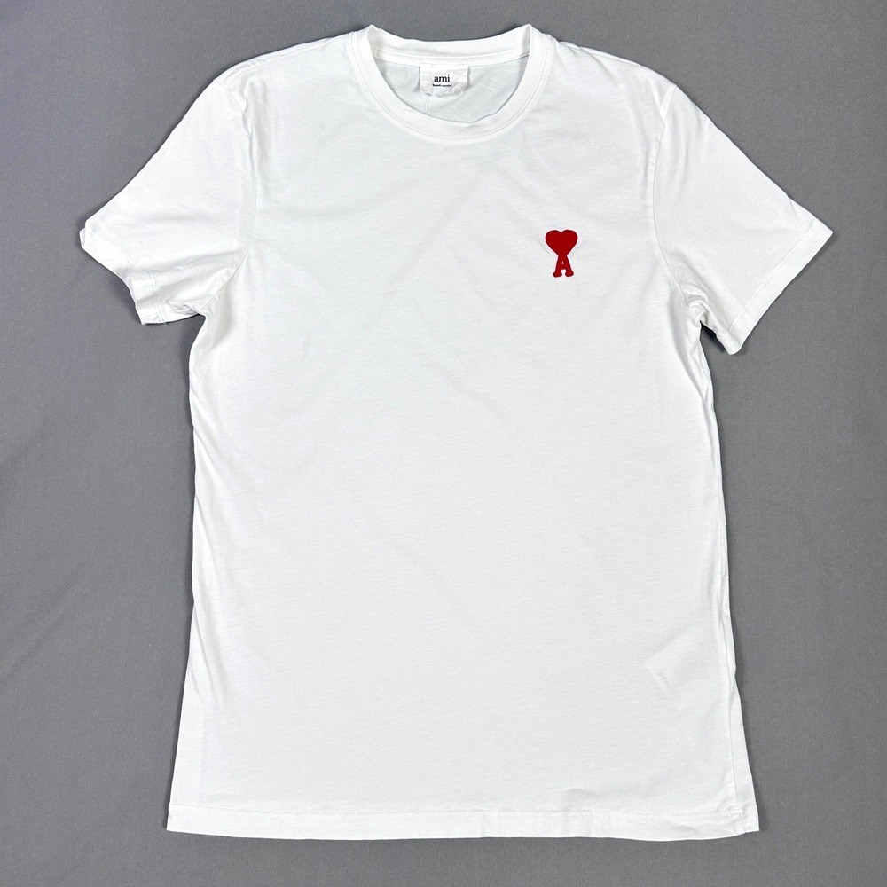 AMI Paris T-Shirt Mens M De Coeur Alexandre Mattiussi 100% Virgin Wool White Red